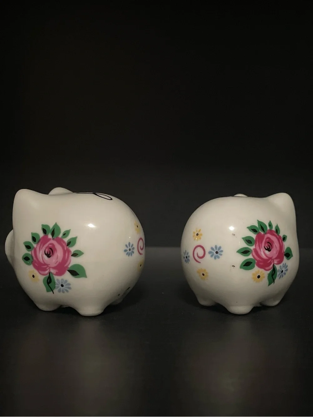 Vintage Ceramic Pig Salt and Pepper Shaker Set - Floral White